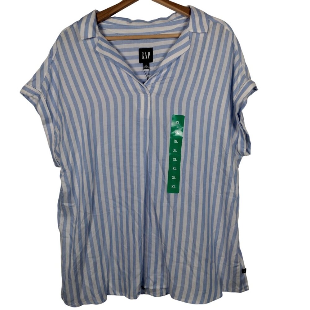GAP Blouse Shirt Women XL Lightweight Blue White Stripe V Neck Pullover Coastal